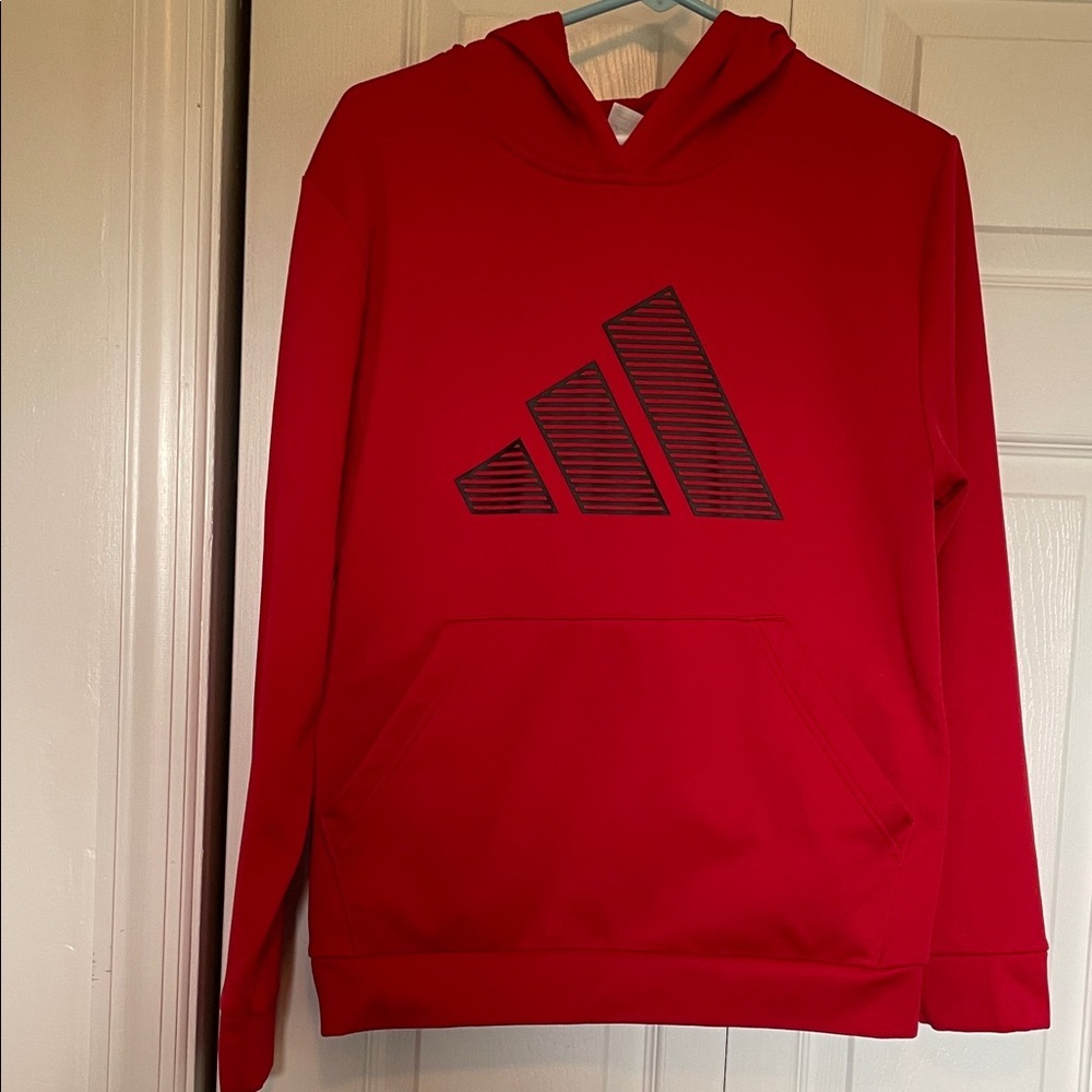 Youth L (18-20) Adidas hooded sweatshirt red/black graphic Kangaroo pouch/pocket